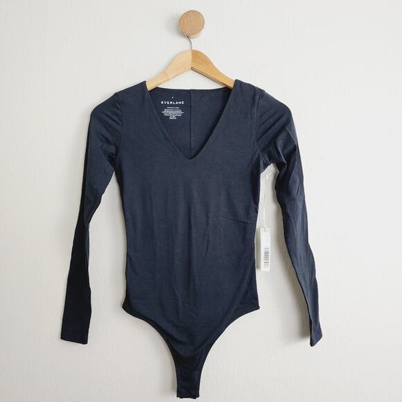 NEW Everlane Black V-Neck Long Sleeve Thong One-Piece Bodysuit - Picture 5 of 11